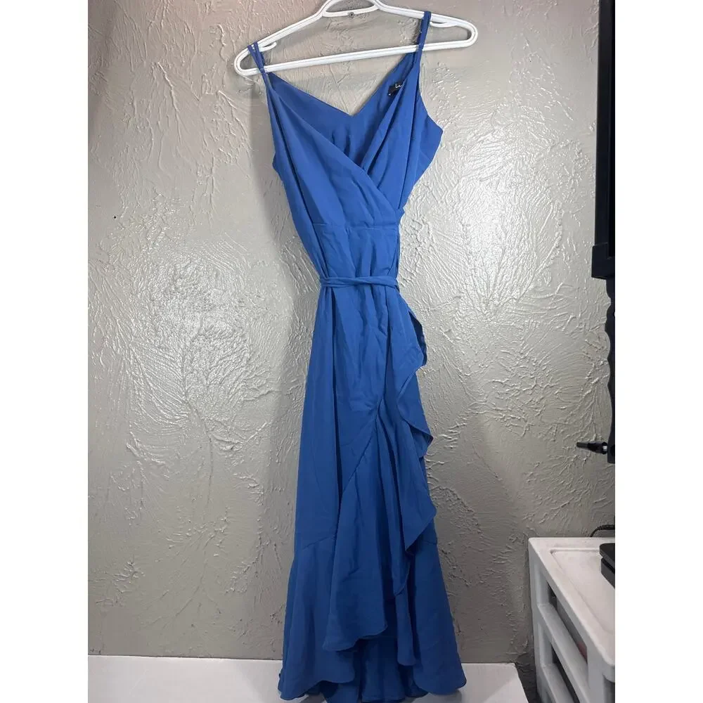 Lulus Manhattan Moment Blue Ruffled Midi Wrap Dress‎ Womens Size Small